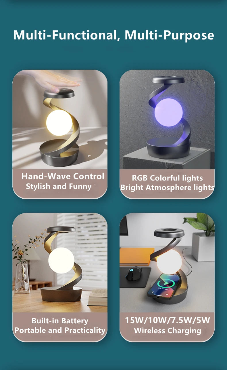 Creative Table Lamp, Rotating Floating lamp, 15W Wireless Charger, Mobile Phone Wireless Charger, RGB Atmosphere Night Light